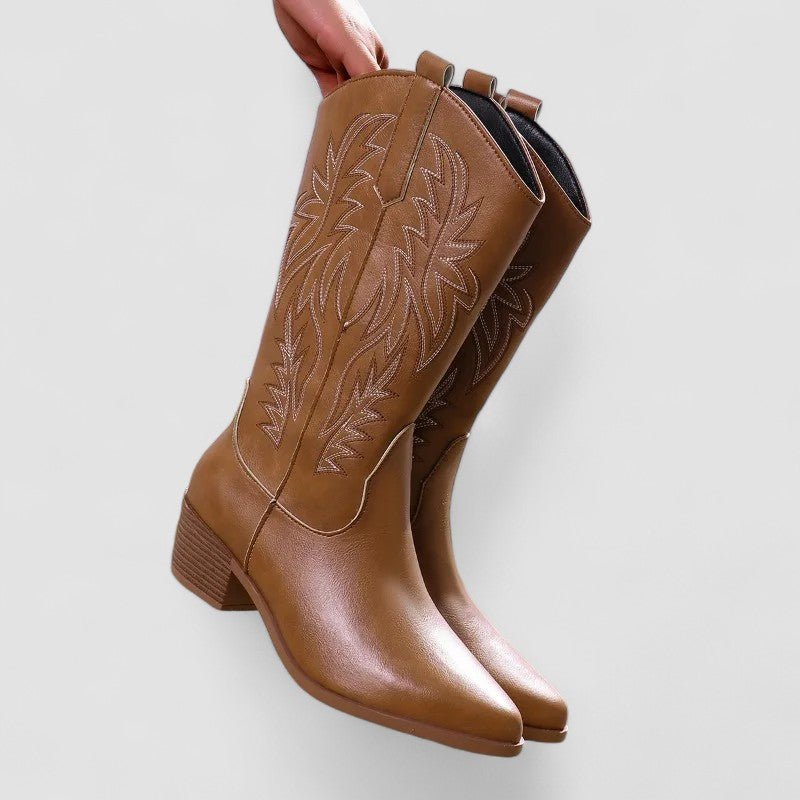 Claire embroidered Western cowboy boots for women by Bennett and Lowe, featuring detailed embroidery and classic cowboy boot design.