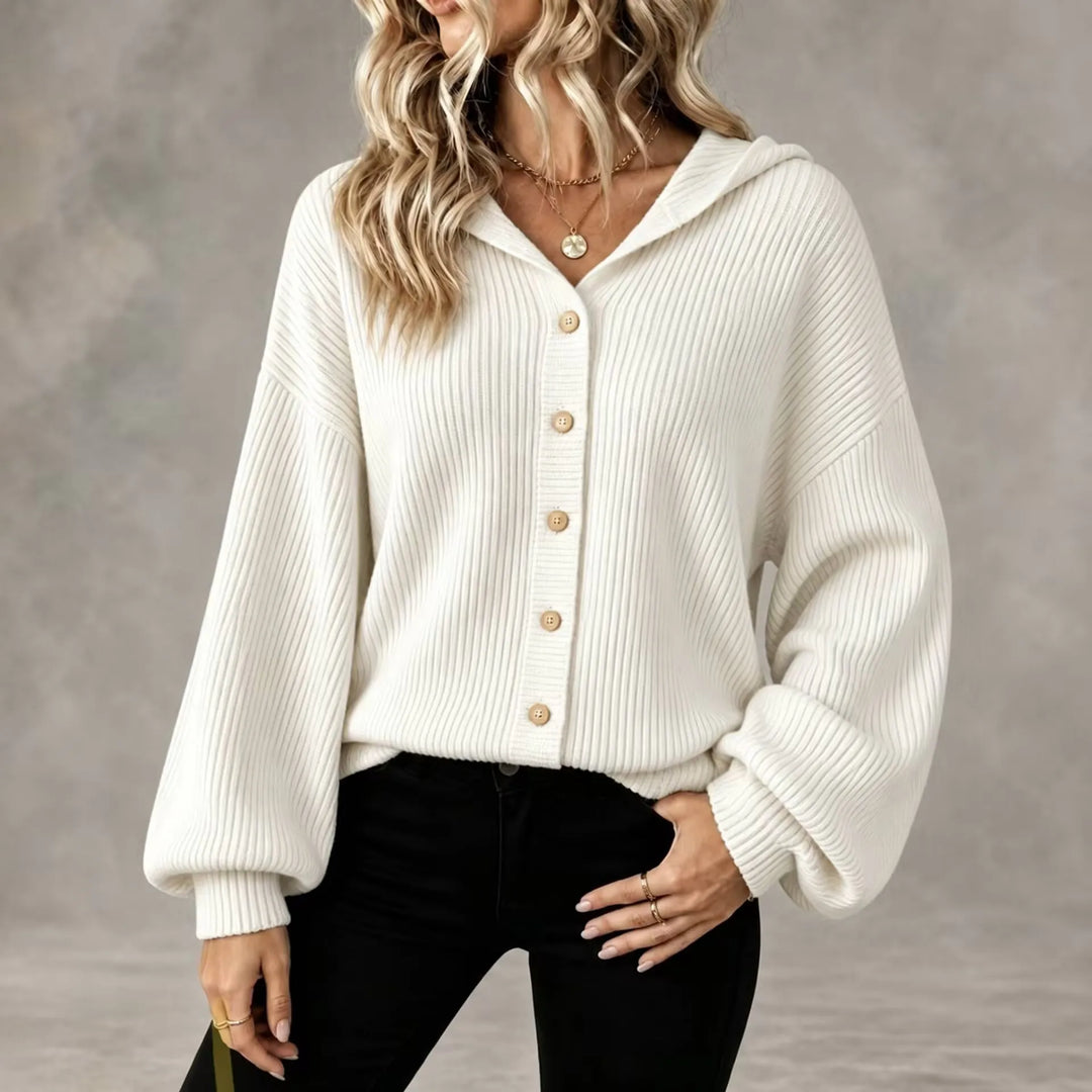 Bennett & Lowe Martha hooded button-front cardigan in soft knit, featuring a cozy hood and front buttons, displayed on a neutral background.