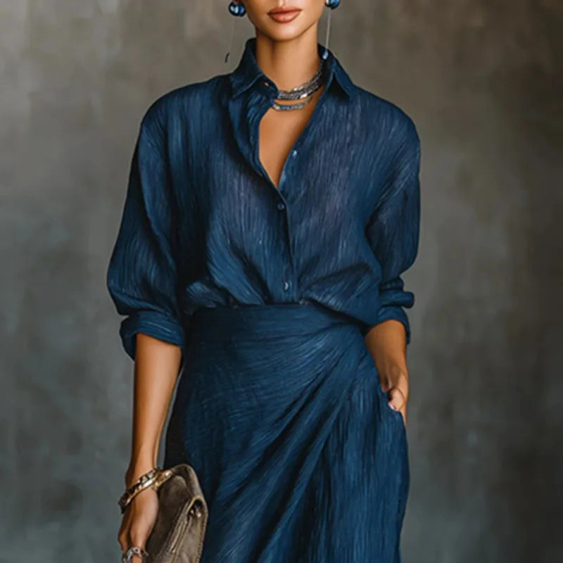 Ismeria | Pleated Button-Up Wide-Leg Two-Piece Set for Women