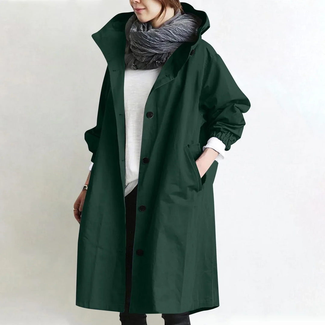 Eloise hooded longline trench coat by Bennett and Lowe, shown in black with a tailored fit and stylish hood detail.