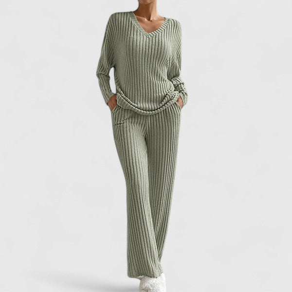 Addison two-piece women’s knit sweater and wide-leg pants set by Bennett and Lowe, featuring a V-neck sweater and relaxed pants.