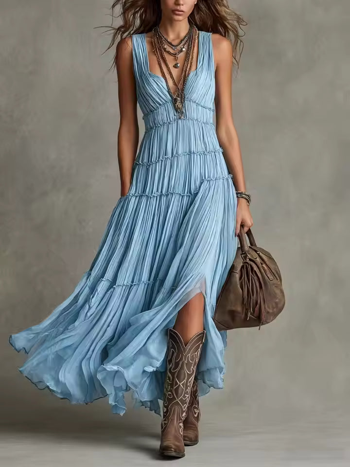 Arabella Bennett and Lowe tiered ruffle chiffon maxi dress with flowing layers and elegant design, displayed on a model.