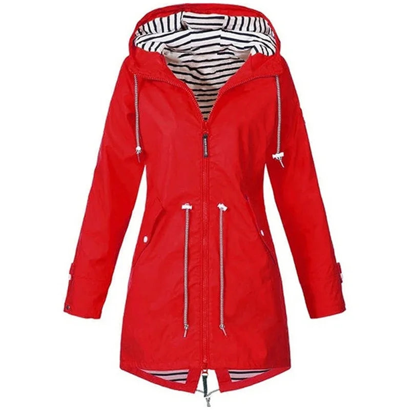 Victoria Bennett & Lowe drawstring hooded outdoor trench coat, beige color, with adjustable waist and classic trench design.