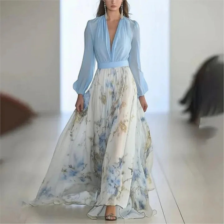 Morwenna | Floral V-Neck Sheer Long-Sleeve Maxi Dress for Women