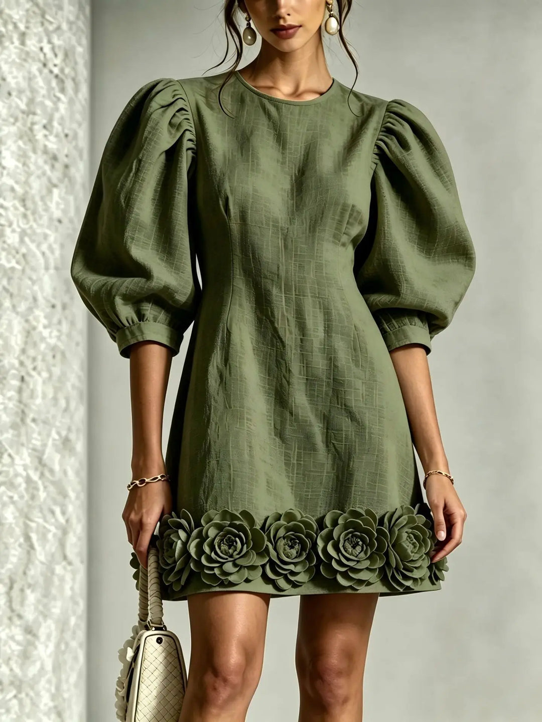 Rebecca | Puff Sleeve Flower Hem Mini Dress