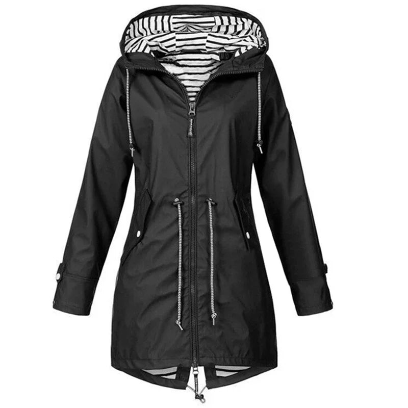 Victoria Bennett & Lowe drawstring hooded outdoor trench coat, stylish weather-resistant outerwear with adjustable hood and classic design.