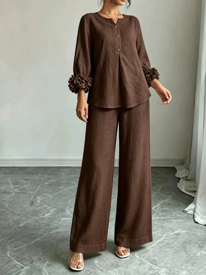 Bennett & Lowe Susanna floral-cuff wide-leg pants set, two-piece outfit displayed on model