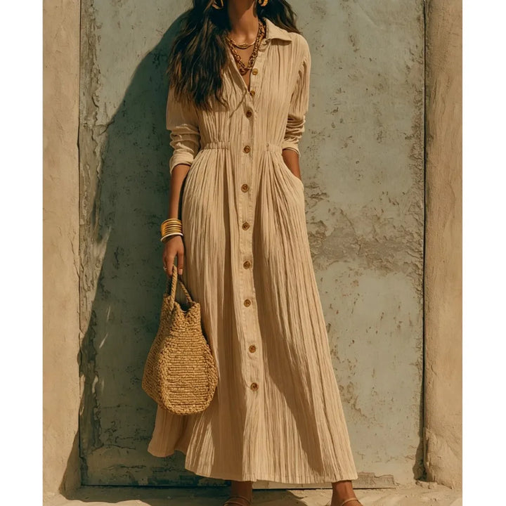 Genevieve | Button-Front Long-Sleeve Shirt Midi Dress with Pockets for Women