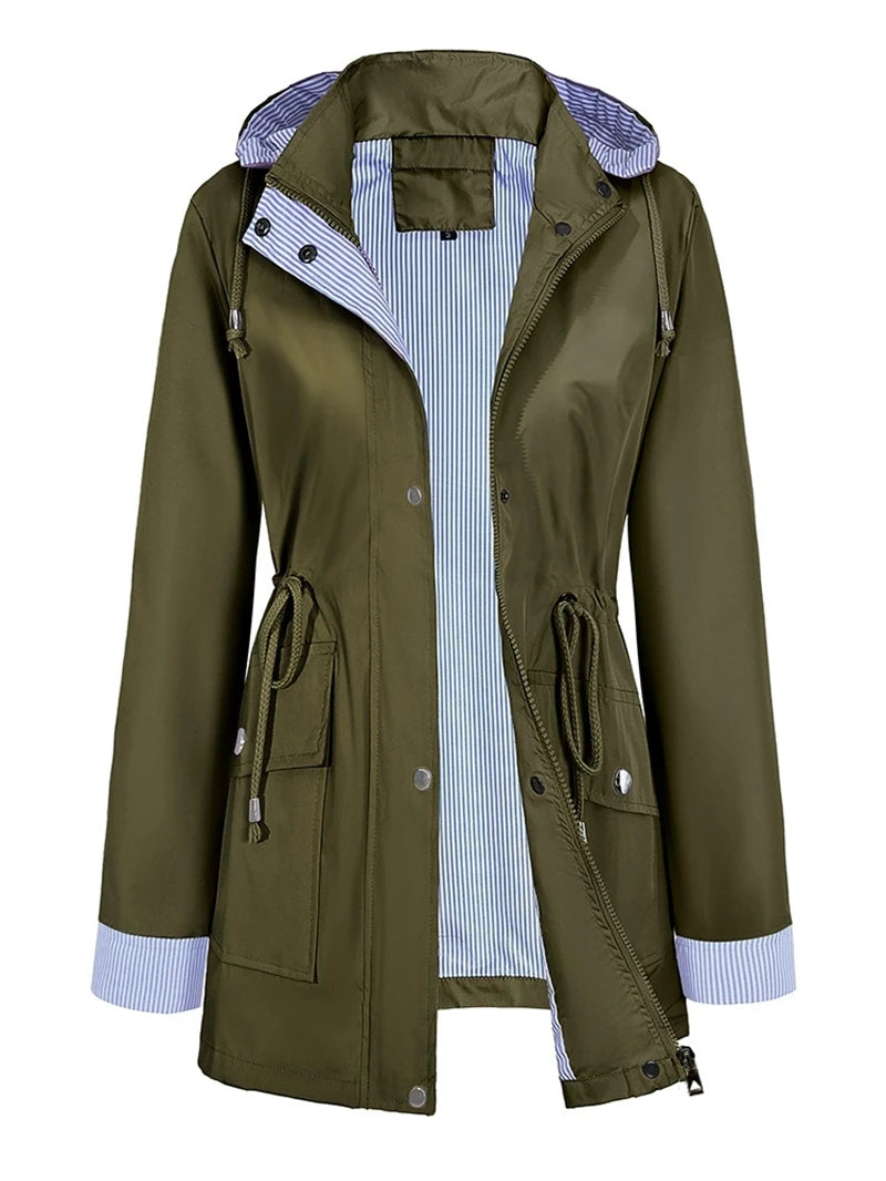 Bennett & Lowe Samantha hooded drawstring long trench coat in beige, featuring a hood and stylish design.