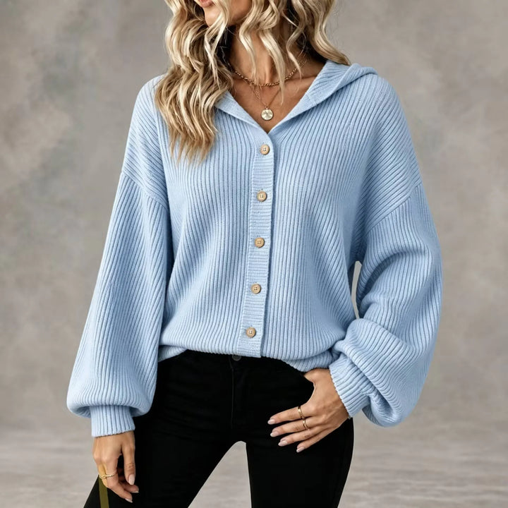 Bennett & Lowe Martha hooded button-front cardigan in cozy knit, displayed with front view and button details.