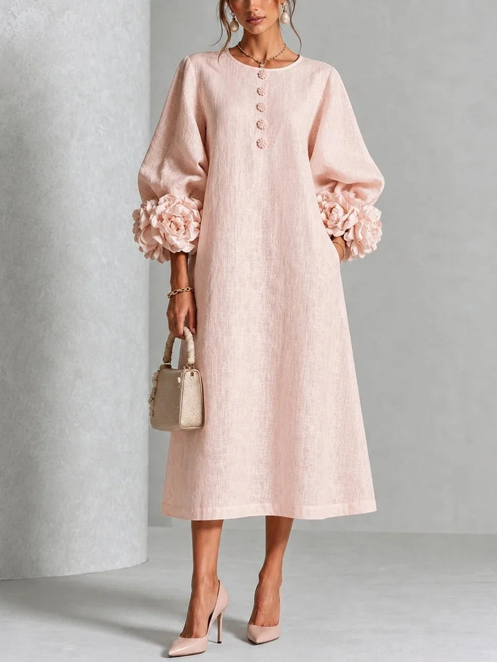 Adeline | 3D Floral O-Neck Lantern-Sleeve Midi Dress for Women