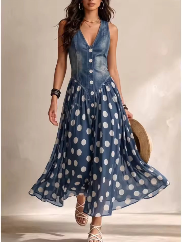 Juliette polka dot chiffon maxi dress for women by Bennett and Lowe, featuring a button-down front and flowing design.