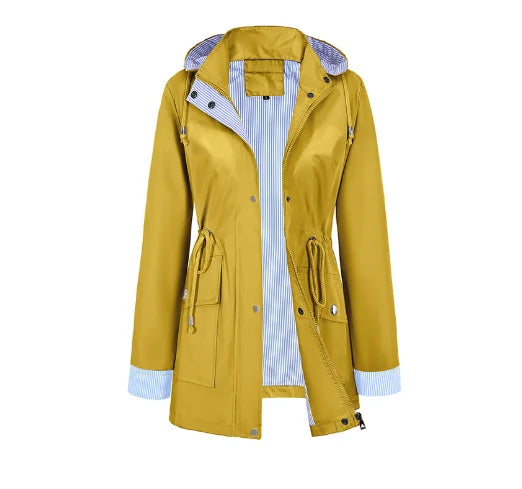 Bennett & Lowe Samantha hooded drawstring long trench coat hanging on a rack, featuring a classic design with a hood and adjustable waist.