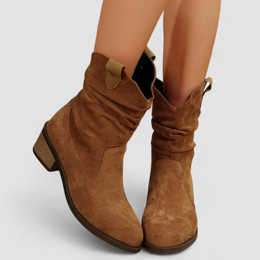 Rachy Bennett and Lowe slouch mid-calf women's boot in black leather with a relaxed, slouchy design and rounded toe.