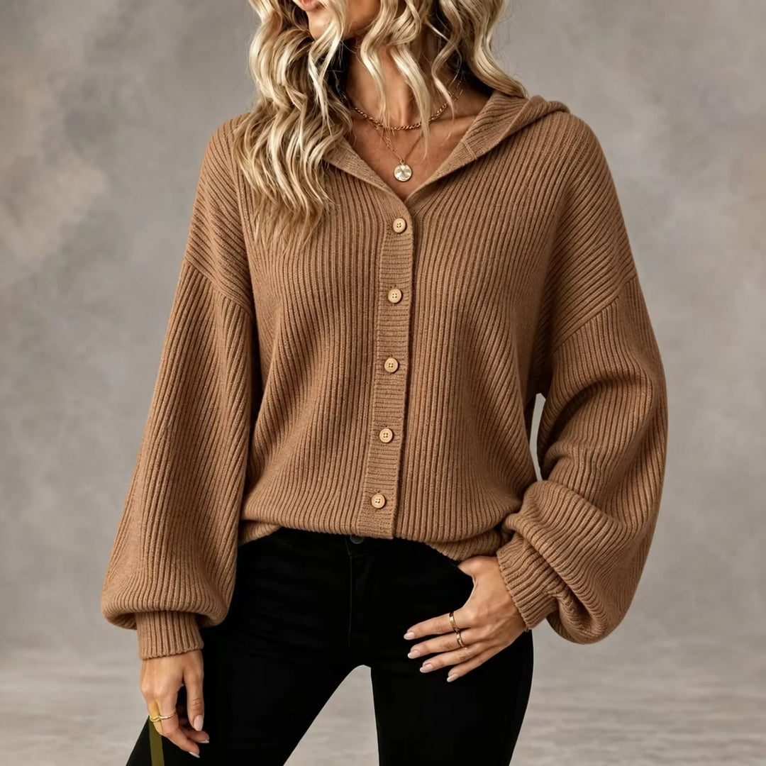Bennett & Lowe Martha hooded button-front cardigan in soft knit with front pockets and a cozy hood, shown in a neutral color.