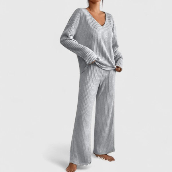 Addison Bennett and Lowe two-piece women's knit sweater and wide-leg pants set, featuring a V-neck and comfortable fit.