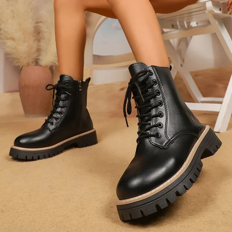 Bennett and Lowe Brisa lace-up platform combat boots with chunky soles and black leather finish, stylish and durable footwear.