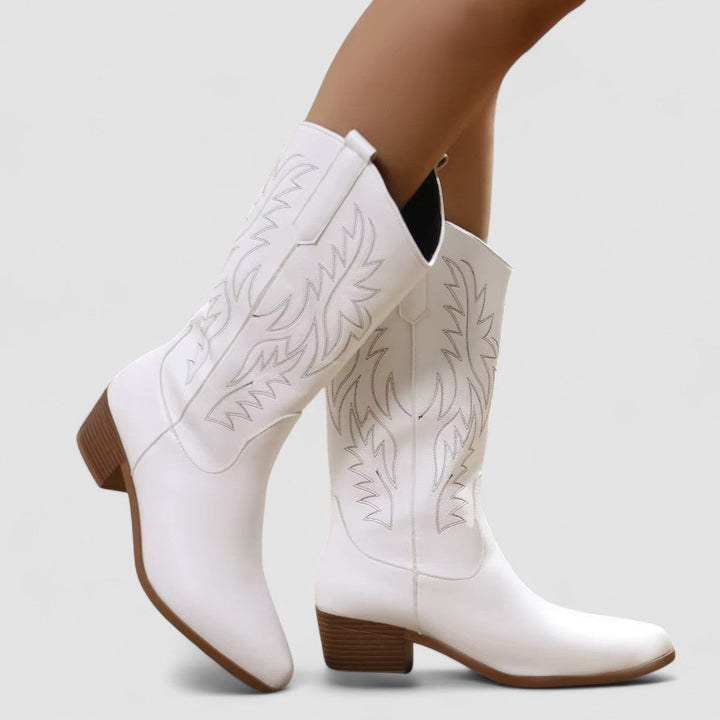 Claire embroidered Western cowboy boots for women by Bennett and Lowe, featuring intricate embroidery and classic cowboy boot design.