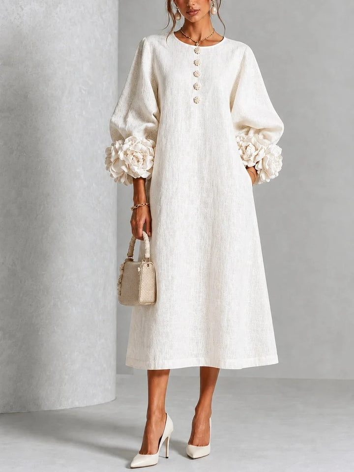 Adeline | 3D Floral O-Neck Lantern-Sleeve Midi Dress for Women