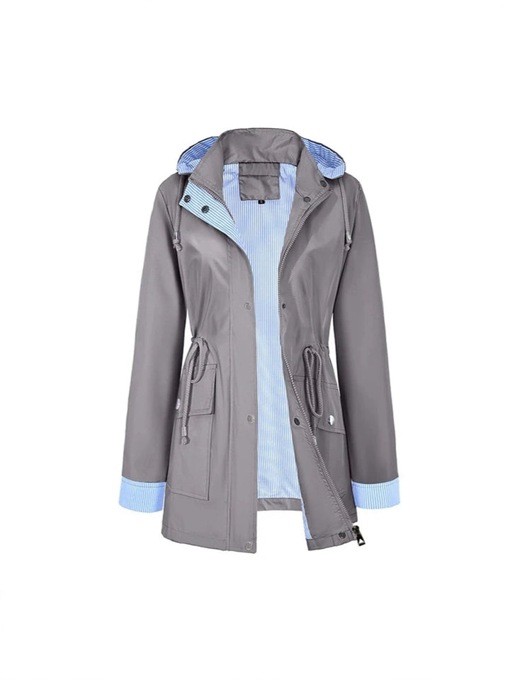 Bennett & Lowe Samantha hooded drawstring long trench coat displayed on a hanger, featuring a classic design with a hood and adjustable waist.