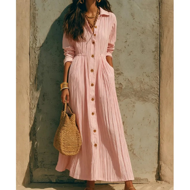Genevieve | Button-Front Long-Sleeve Shirt Midi Dress with Pockets for Women