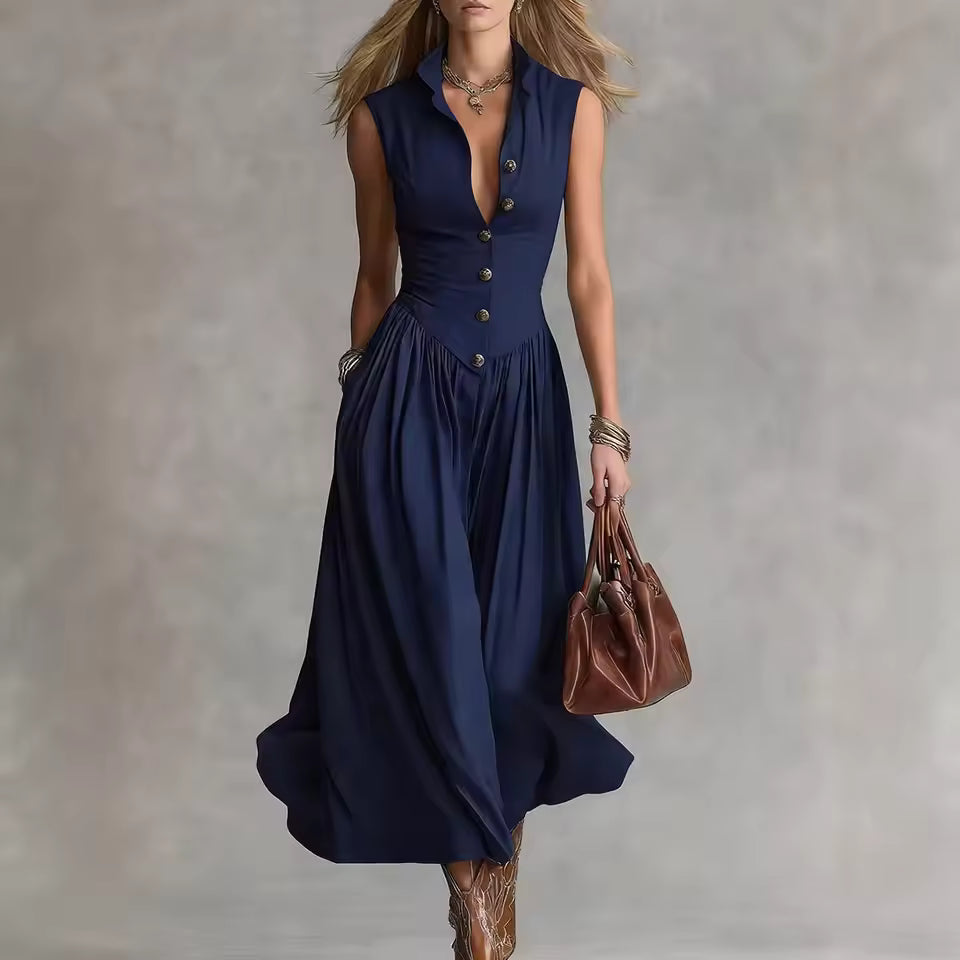 Camille Bennett and Lowe pleated button-front A-line maxi dress for women, featuring a flowing silhouette and classic design.
