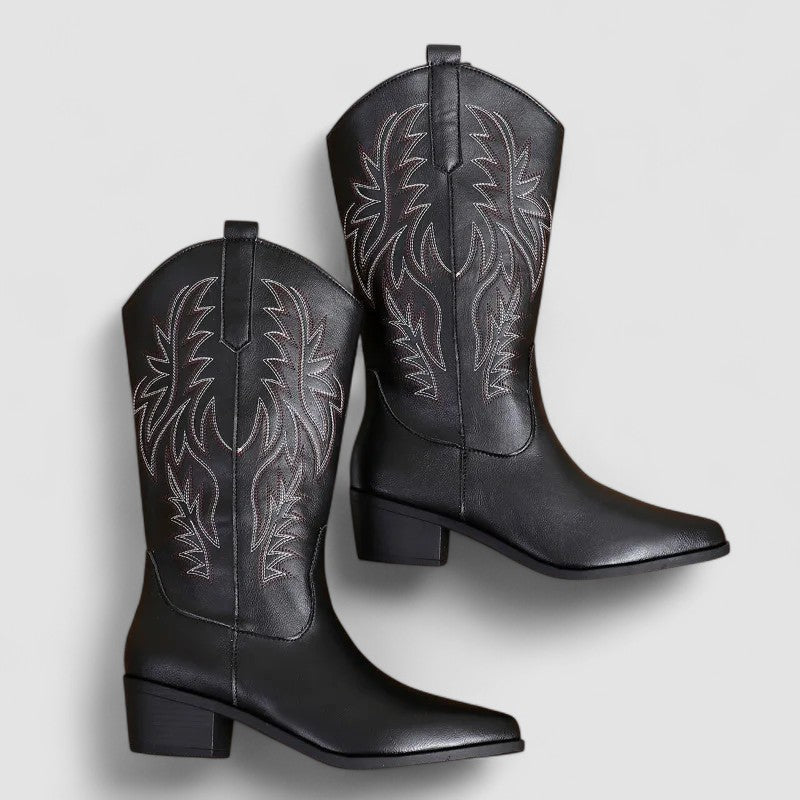 Women’s embroidered Western cowboy boots by Bennett and Lowe featuring intricate embroidery and classic Western style.