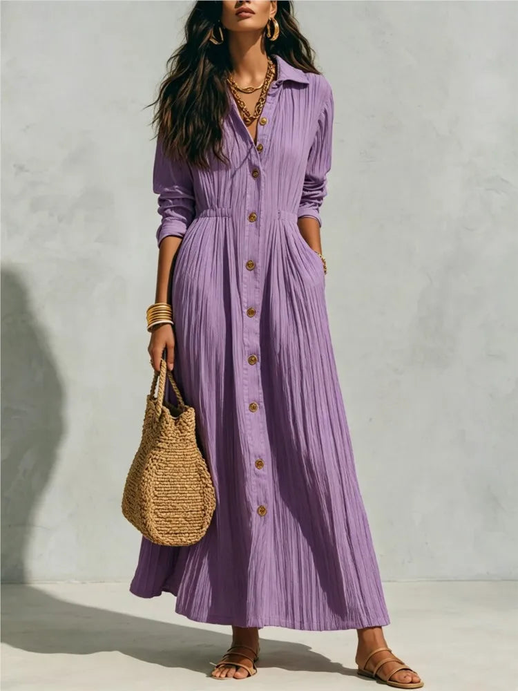 Genevieve | Button-Front Long-Sleeve Shirt Midi Dress with Pockets for Women