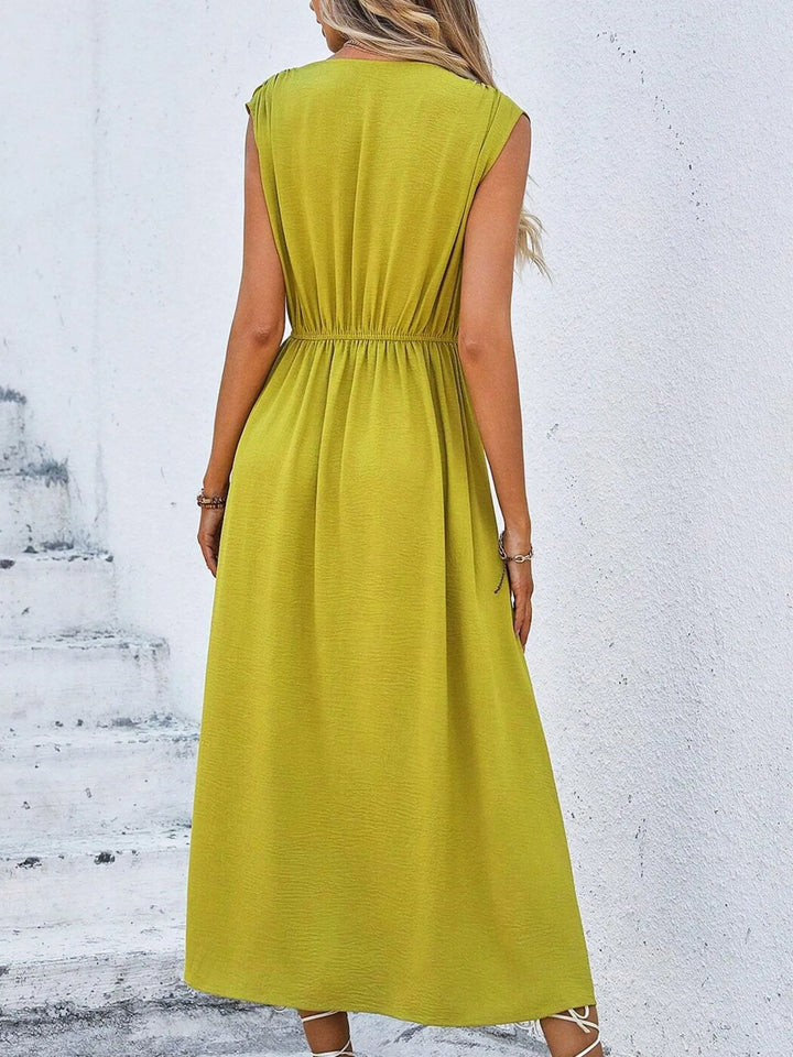 Corinne belted A-line midi dress by Bennett and Lowe, featuring a stylish silhouette and button details, shown on a mannequin.