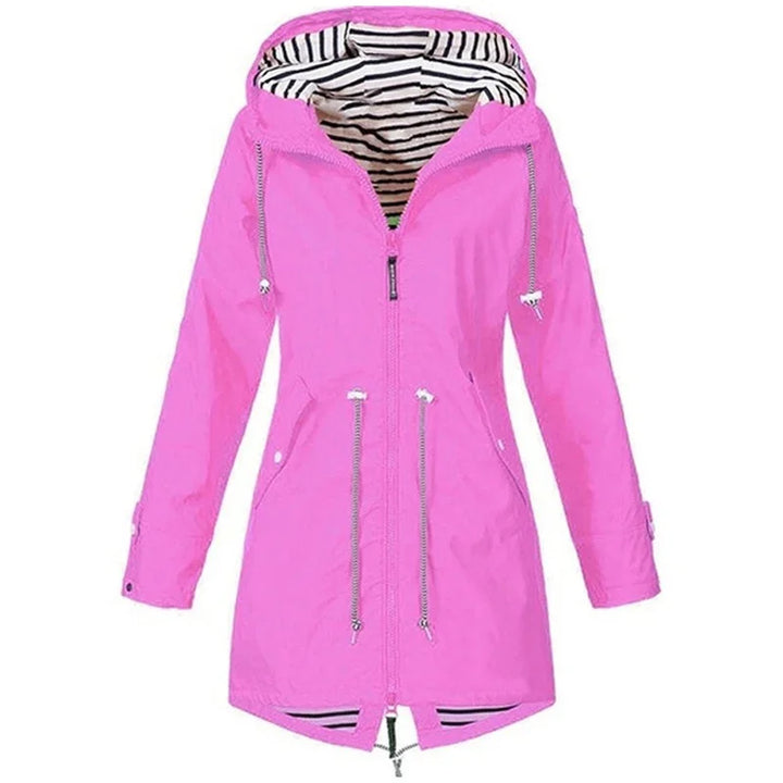 Victoria drawstring hooded outdoor trench coat by Bennett & Lowe, shown in a stylish, weather-ready design with a hood and trench detailing.