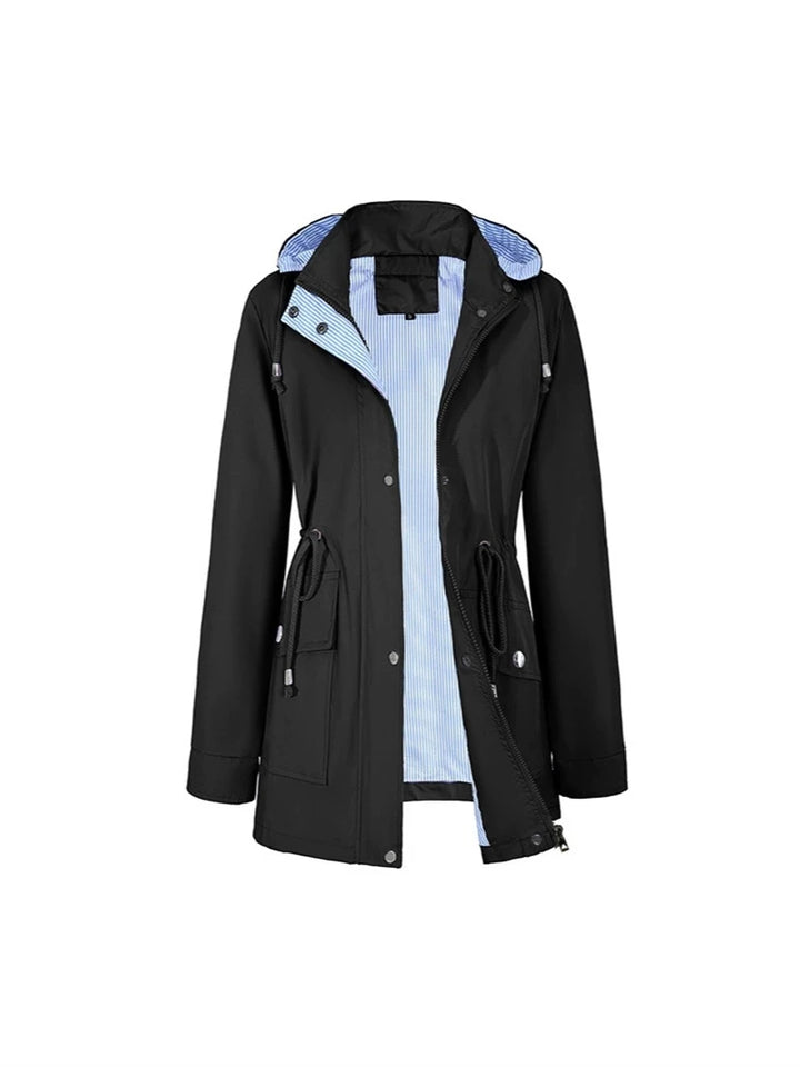 Bennett & Lowe Samantha hooded drawstring long trench coat displayed on a model, featuring a stylish, lightweight design with a hood and belt.