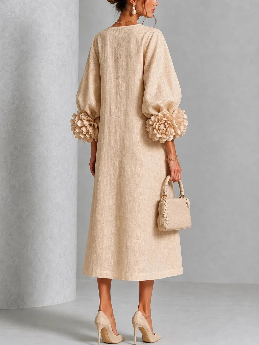 Adeline | 3D Floral O-Neck Lantern-Sleeve Midi Dress for Women