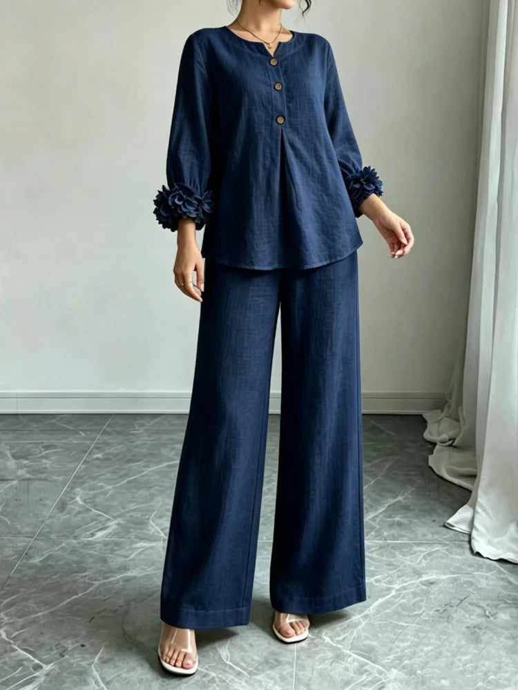 Bennett & Lowe Susanna floral-cuff wide-leg pants set, two-piece outfit displayed on model