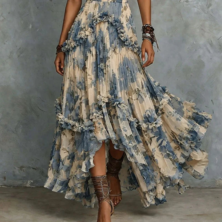 Strapless Rosalind 3D floral maxi dress by Bennett and Lowe, featuring vibrant floral embroidery and flowing fabric.