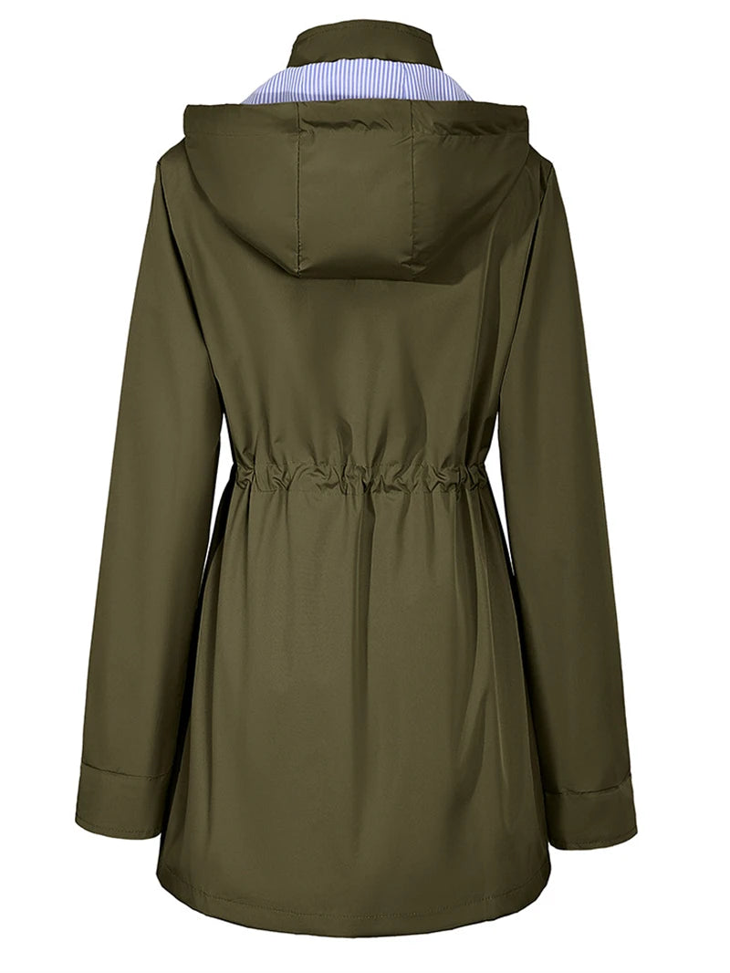 Bennett & Lowe Samantha hooded drawstring long trench coat displayed on a hanger, showcasing its classic design and fabric texture.
