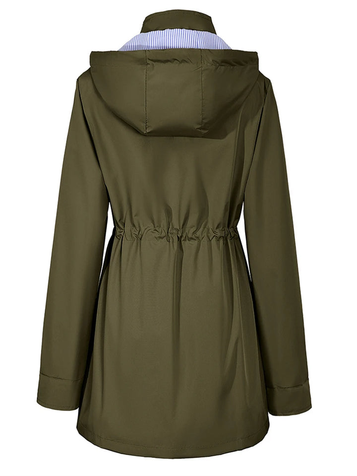Bennett & Lowe Samantha hooded drawstring long trench coat displayed on a hanger, showcasing its classic design and fabric texture.
