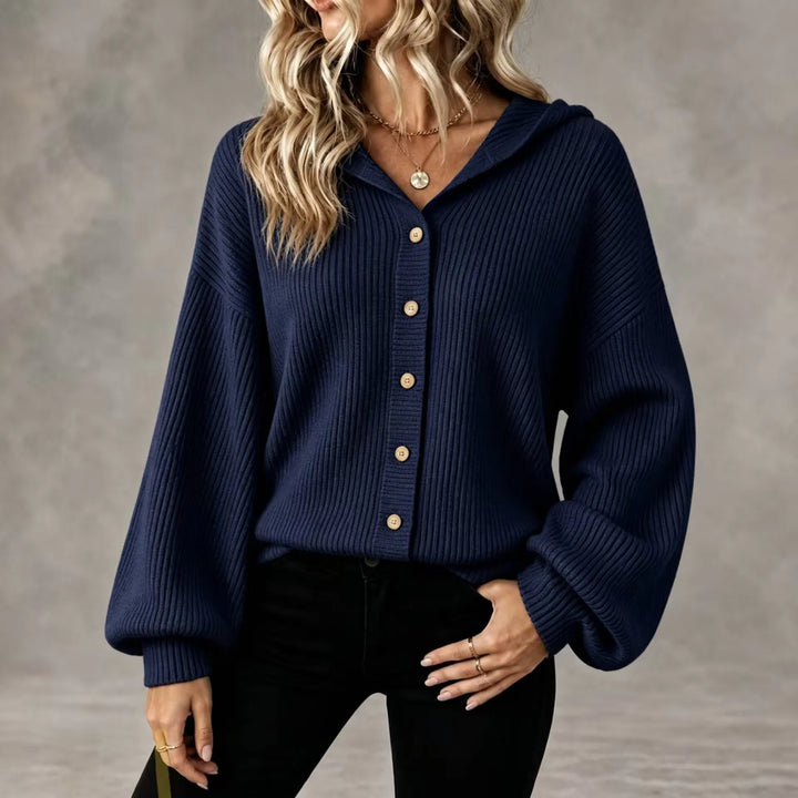 Bennett & Lowe Martha hooded button-front cardigan in soft knit fabric, featuring a hood and front buttons, in a versatile color.