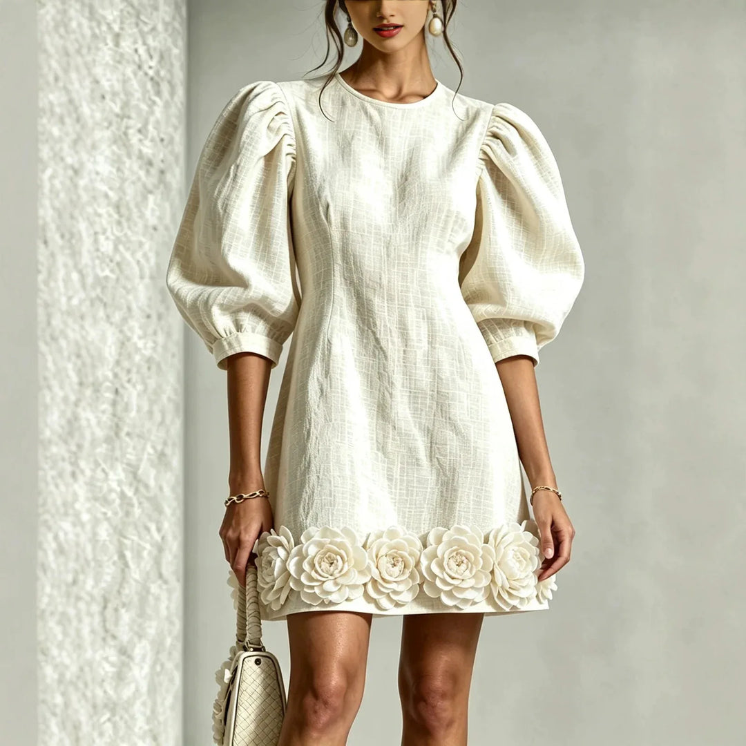 Rebecca | Puff Sleeve Flower Hem Mini Dress