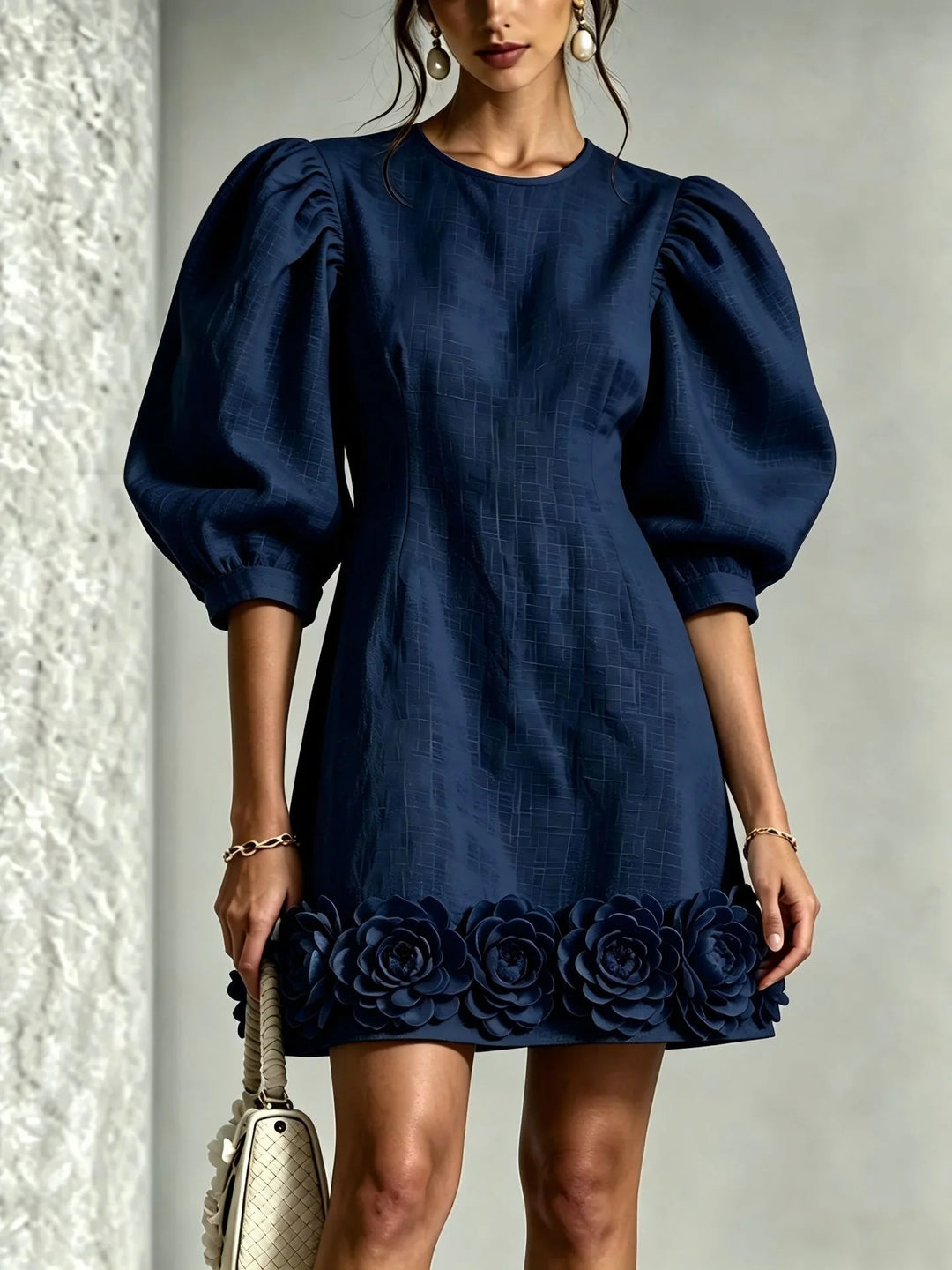 Rebecca | Puff Sleeve Flower Hem Mini Dress