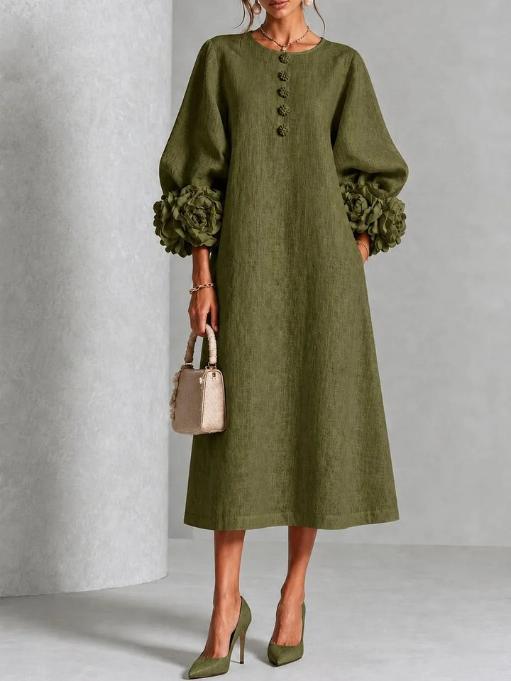 Adeline | 3D Floral O-Neck Lantern-Sleeve Midi Dress for Women