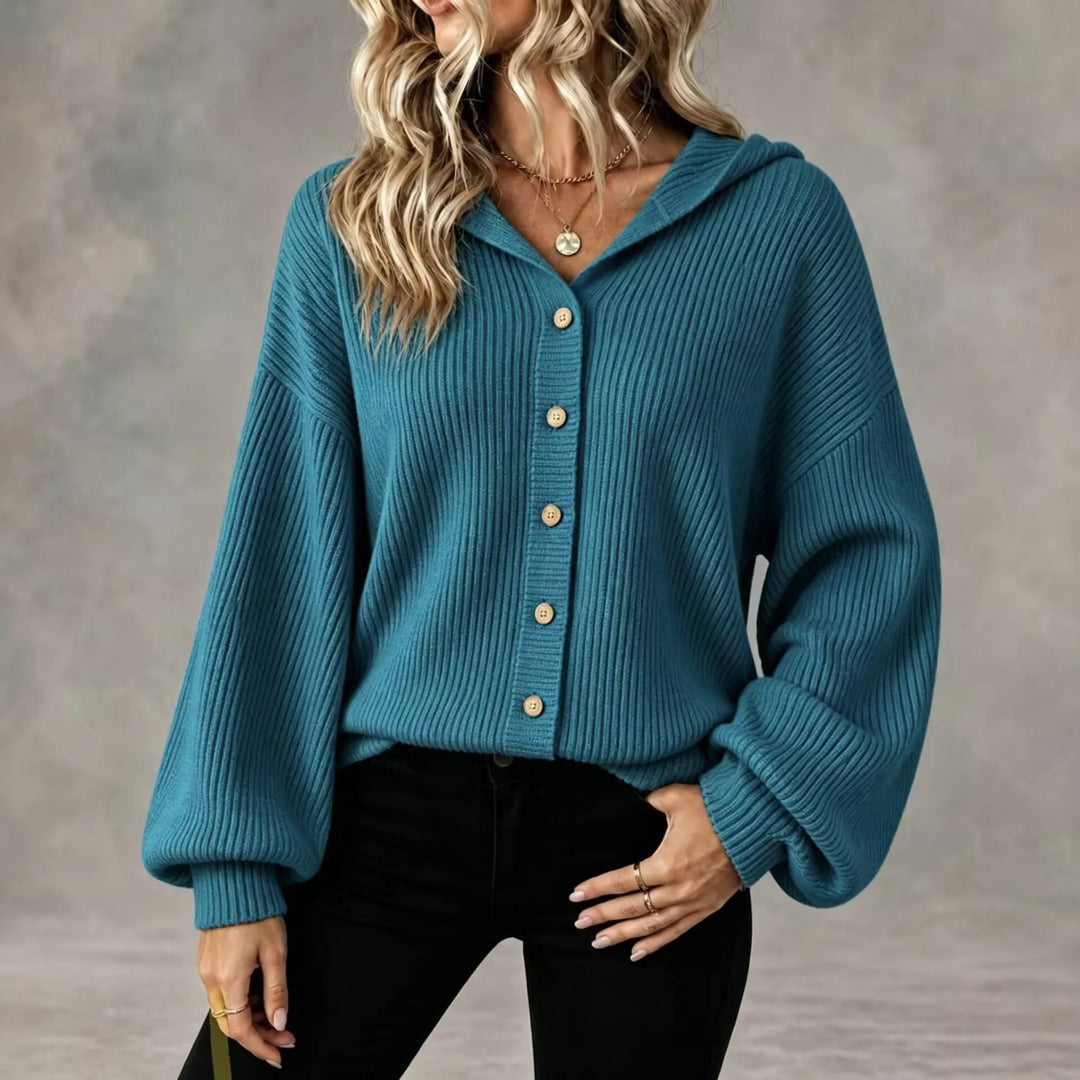 Bennett & Lowe Martha hooded button-front cardigan in cozy knit, featuring a relaxed fit and front pockets.