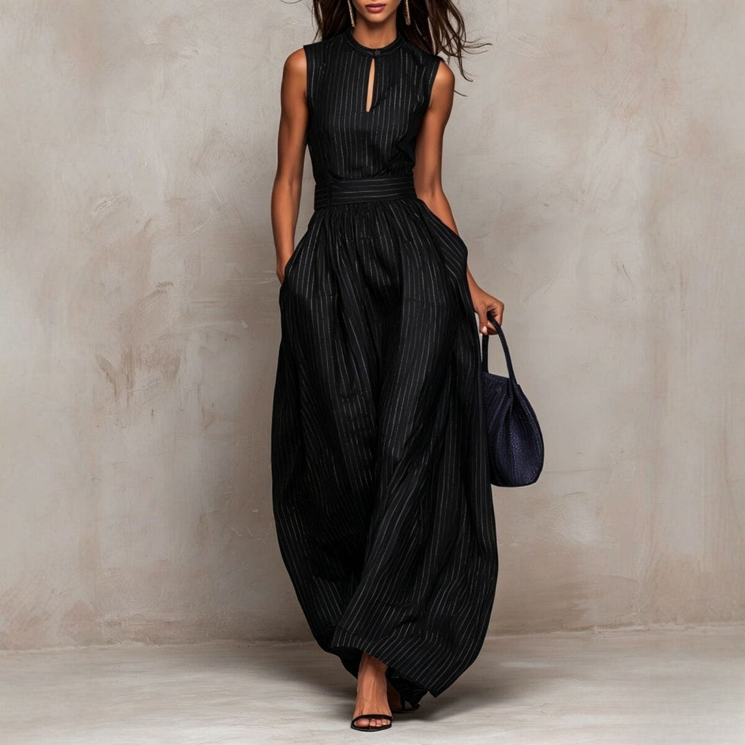 Metallic pinstripe jumpsuit for women by Bennett and Lowe, featuring a stylish and modern design. SKU_01.jpg