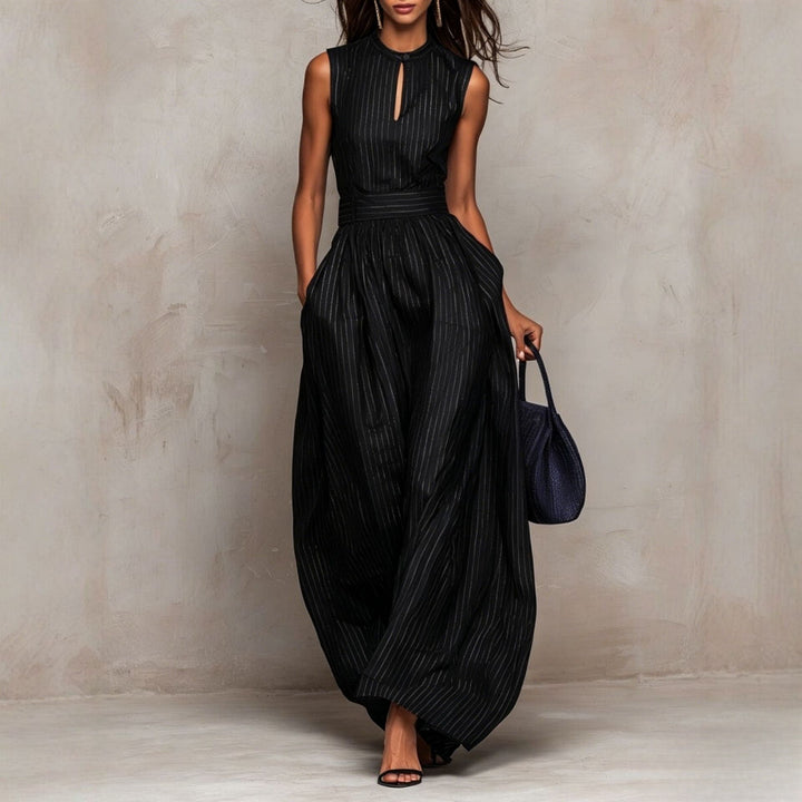 Metallic pinstripe jumpsuit for women by Bennett and Lowe, featuring a stylish and modern design. SKU_01.jpg