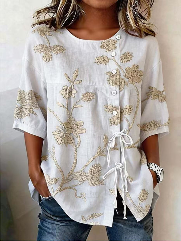 Emeline™ soft embroidered linen top by Bennett and Lowe featuring intricate embroidery and lightweight fabric.