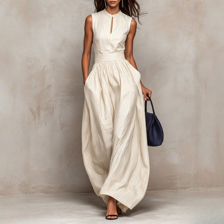 Metallic pinstripe jumpsuit for women by Bennett and Lowe, featuring a sleek, fitted design with a stylish metallic finish.