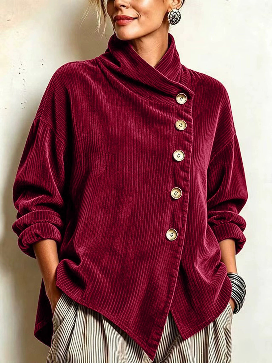 Maren | Asymmetric Button Wrap-Collar Top