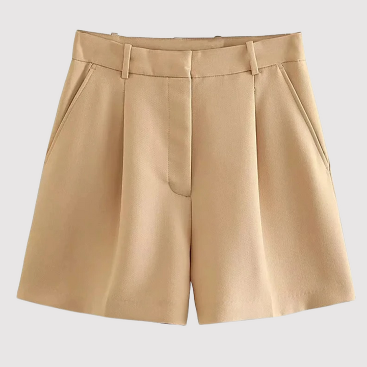 Bennett and Lowe Freya high-waist tailored shorts in a structured fabric, shown from the front on a plain background.