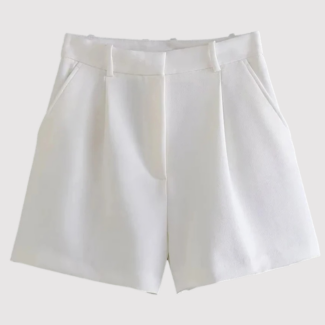 Bennett and Lowe Freya high-waist tailored shorts in black fabric, front view showing sleek, structured design and clean waistband.