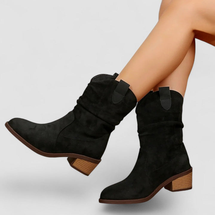 Women's Rachy slouch mid-calf boot by Bennett and Lowe featuring soft leather upper and chunky heel, stylish and comfortable footwear.