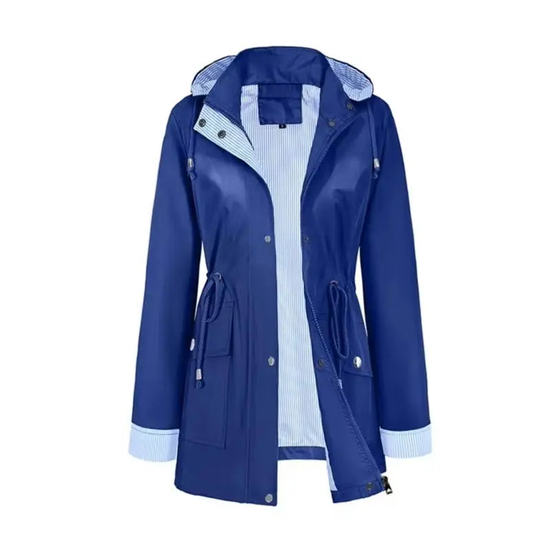 Bennett & Lowe Samantha hooded long trench coat with drawstring waist, styled with a classic silhouette and lightweight fabric.